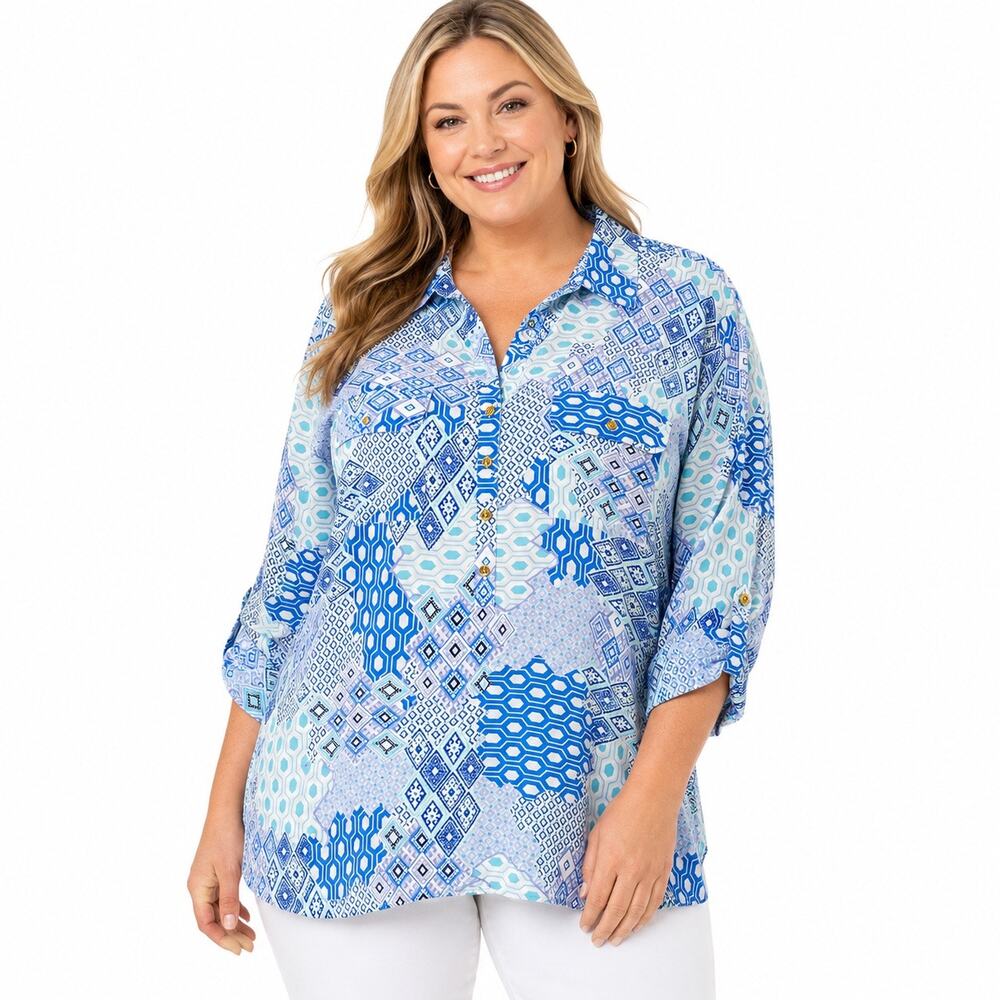 Talbots 2X Blue Print Rayon Button Front Tunic Blouse Lightweight Breathable
